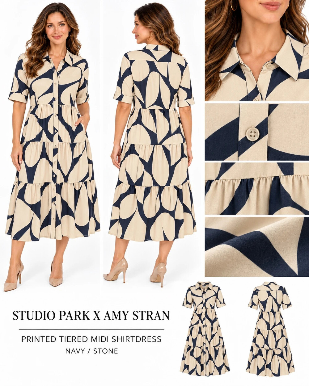 studio park x amy stran printed tiered midi shirtdress navy stone size l